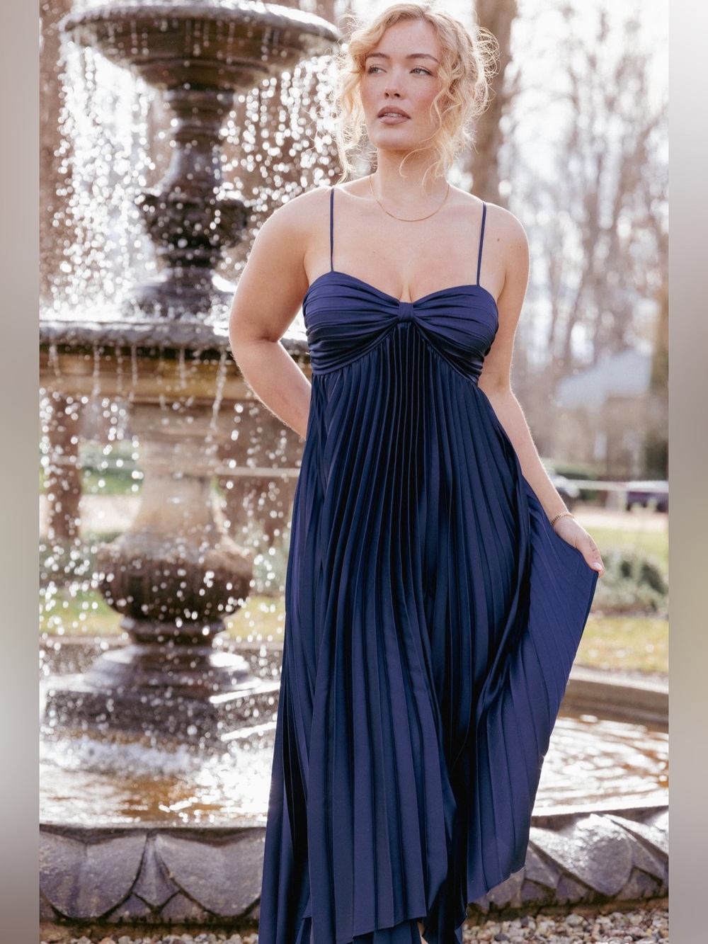 Petal & Pup Vikki Dress Navy Pleated Satin Midi Wedding Guest Cocktail Dress